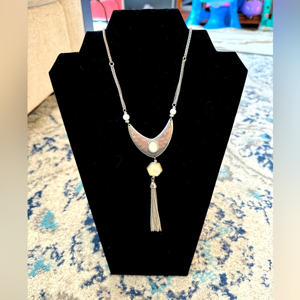 Lucky brand silver pendant fringe necklace with opal and turquoise stones